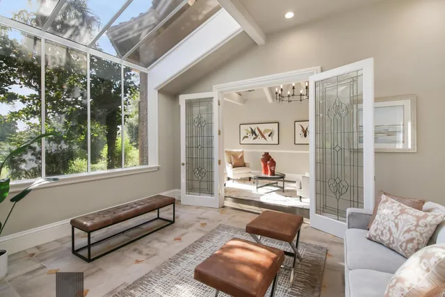 a view of a balcony with a door