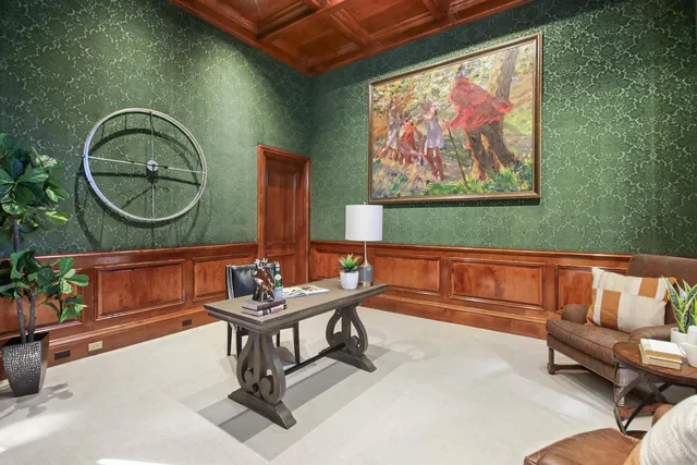 a view of a dining room with furniture window and outside view