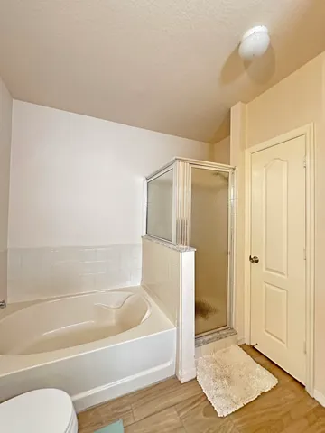 a bathroom with a bathtub and a shower