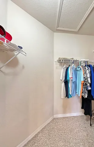 a view of walk in closet with clothes and shoes