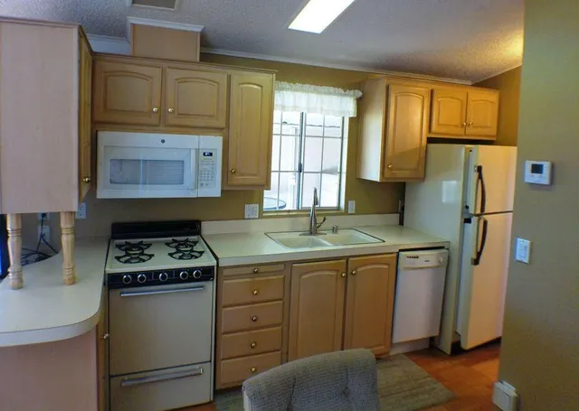a kitchen with a stove a refrigerator and a sink