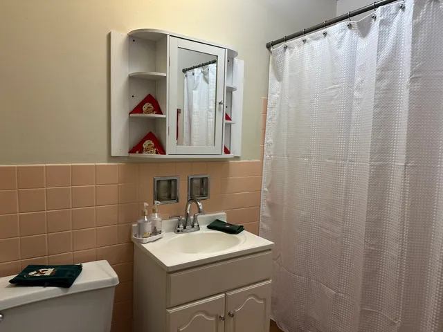 a bathroom with a sink a toilet and shower