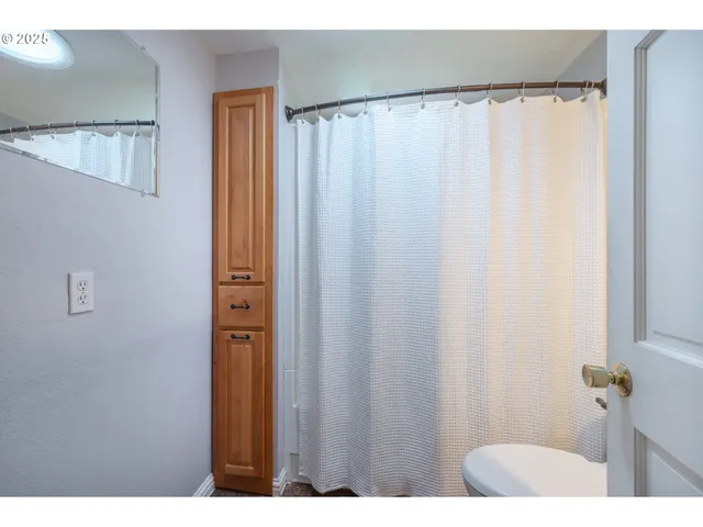 a bathroom with a shower curtain and a curtain
