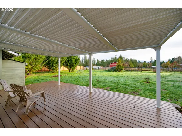 a view of a yard in front of a house with plants and large tree