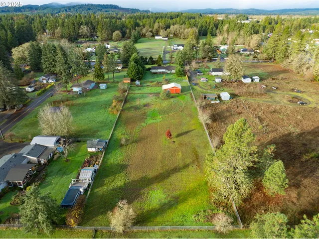 an aerial view of residential houses with outdoor space and trees