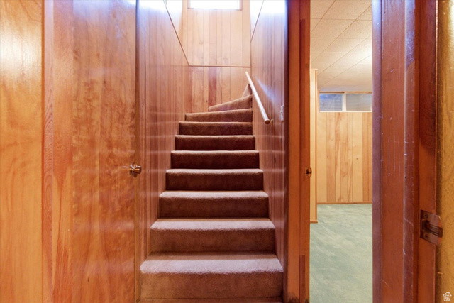 217 East 400 South Spring City, UT 84662 - Photo 34 of 71 Stairway with wood walls and carpet floors