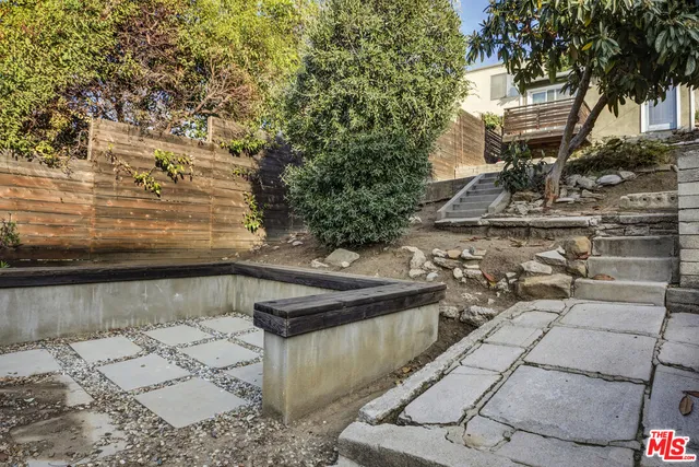 a view of a dry yard with large tree
