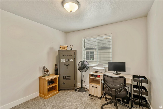 287 North 100th West Morgan, UT 84050 - Photo 23 of 27 Home office featuring light colored carpet and a textured ceiling