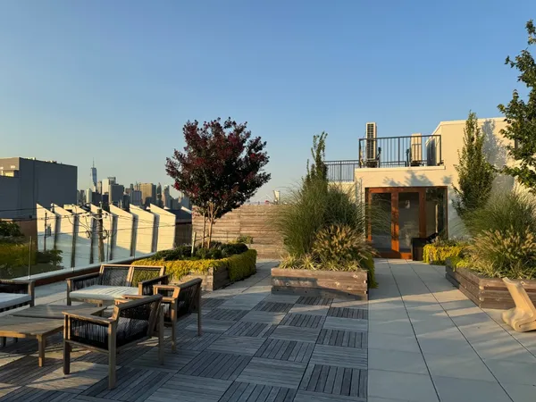 a roof deck with couches and potted plants with sky view