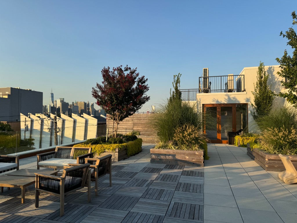 189 Conover Street, Unit 2A Brooklyn, NY 11231 - Photo 26 of 27 a roof deck with couches and potted plants with sky view