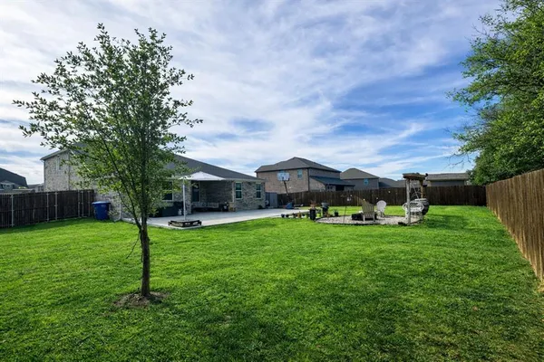 a backyard of a house with table and chairs