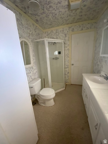 913 East 5300 North Helper, UT 84526 - Photo 22 of 29 Bathroom with vanity, a stall shower, dark colored carpet, and wallpapered walls