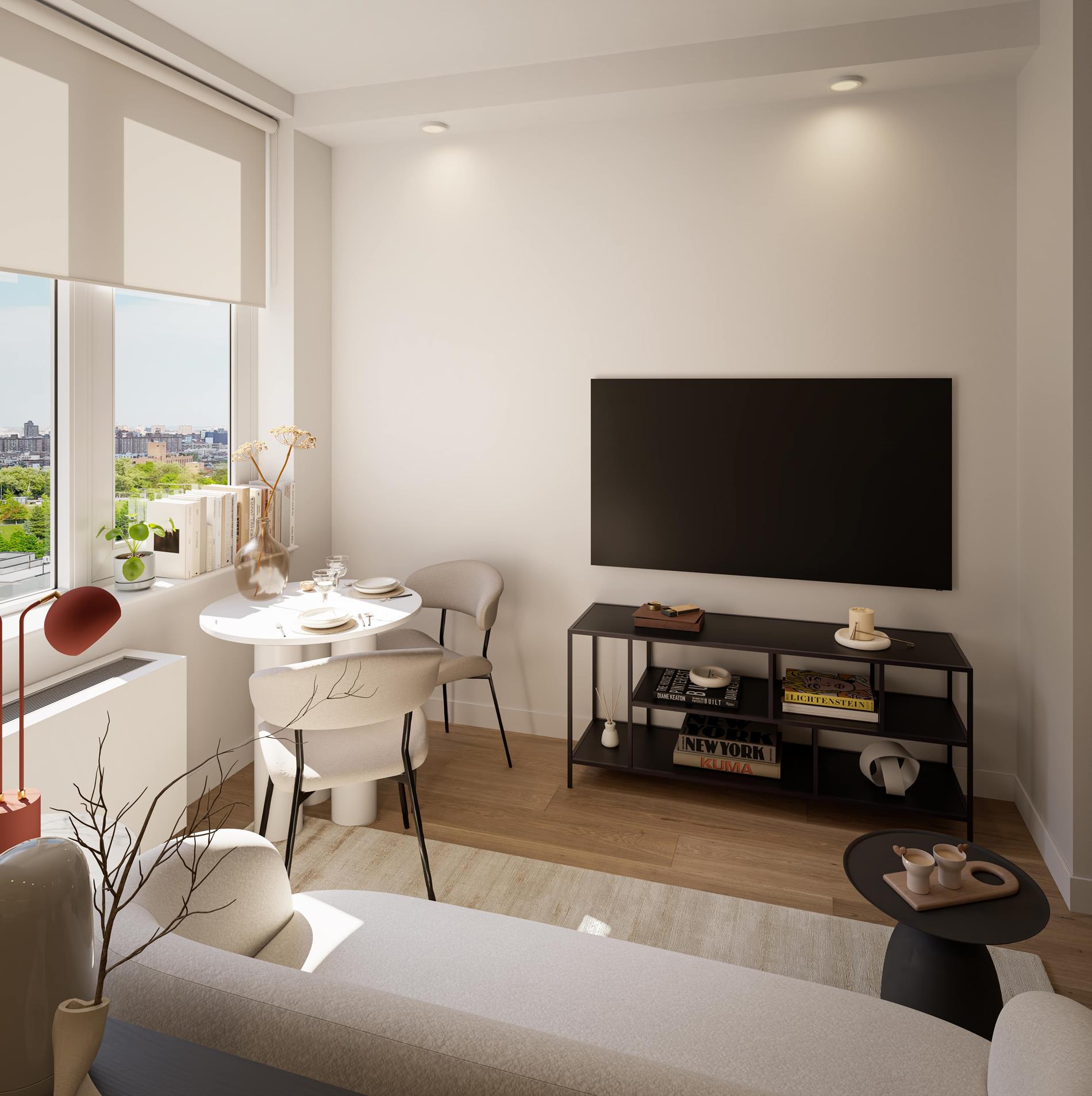 1440 Amsterdam Avenue, Unit 2022 Manhattan, NY 10027 - Photo 2 of 25 a living room with furniture and a flat screen tv