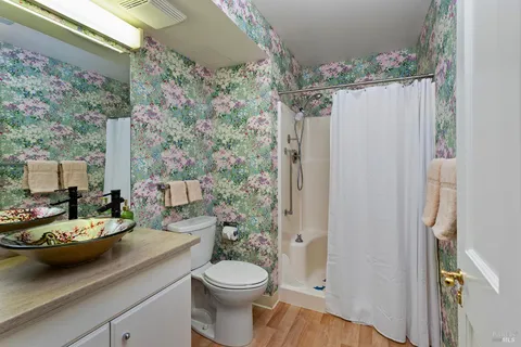 a bathroom with a sink a toilet and shower curtain