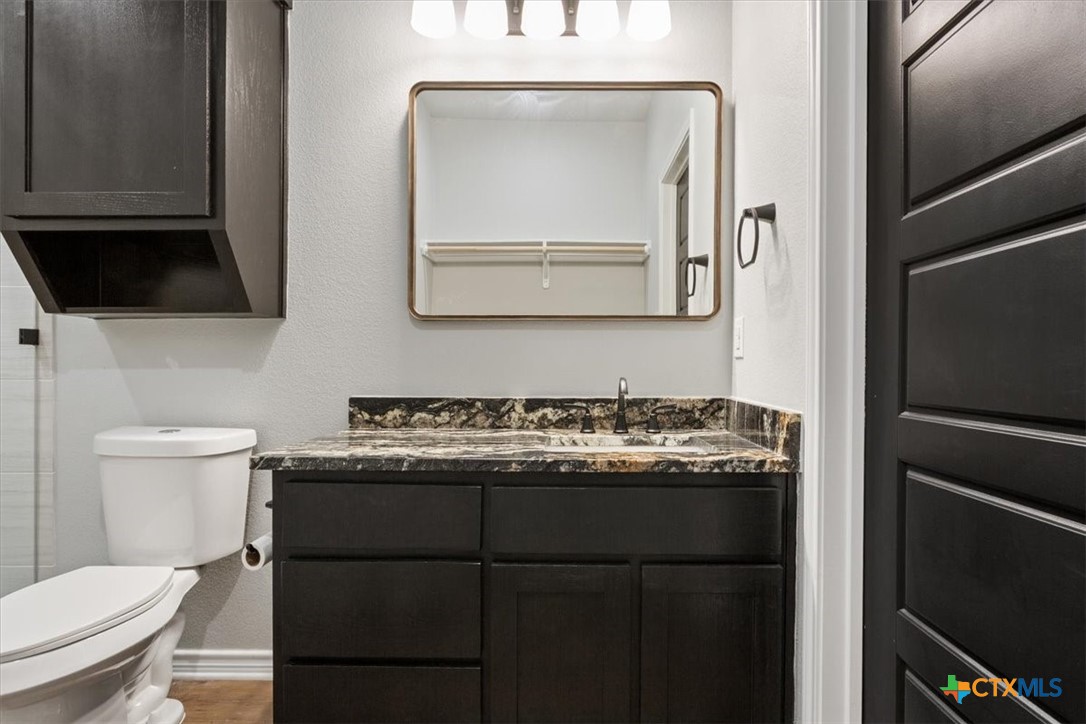 10940 Wedel Cemetery Road Rogers, TX 76569 - Photo 43 of 48 a bathroom with a granite countertop toilet sink and mirror