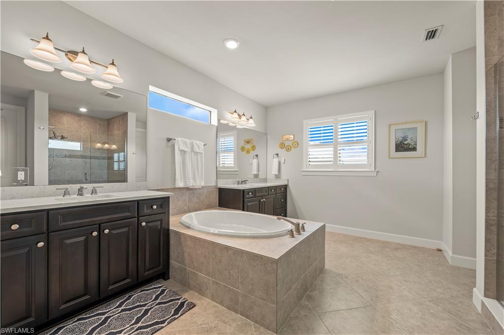19157 Elston Way Estero, FL 33928 - Photo 22 of 50 a bathroom with a sink a large mirror and a bathtub