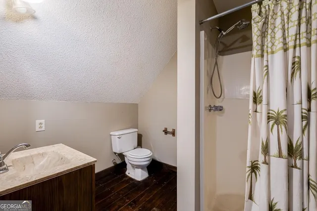 a bathroom with a granite countertop sink toilet and shower