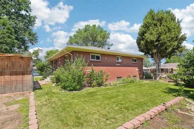 a view of a backyard with plants and large trees
