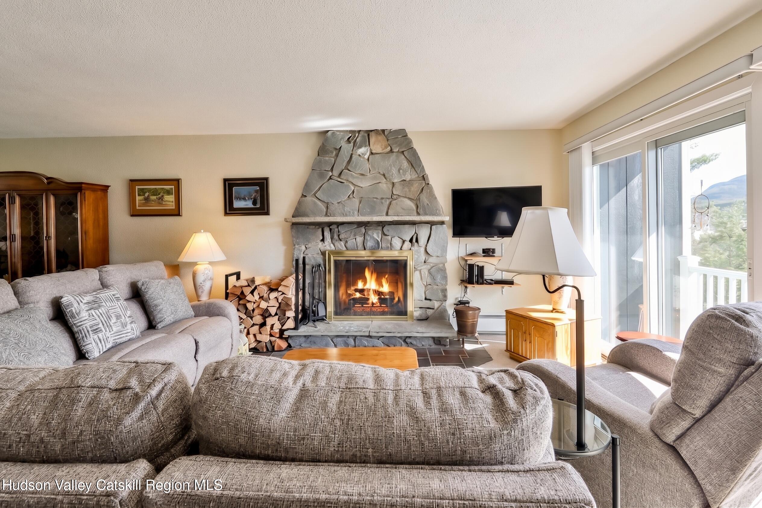 33 Scribner Hollow Road, Unit E4 Hunter, NY 12442 - Photo 7 of 44 a living room with furniture and a fireplace