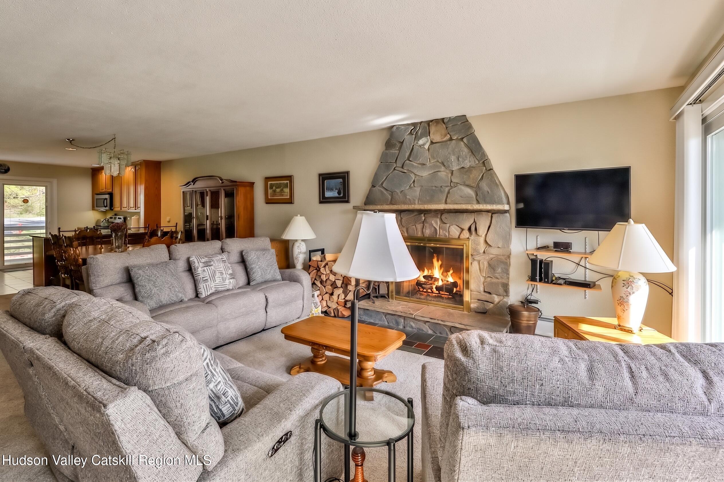 33 Scribner Hollow Road, Unit E4 Hunter, NY 12442 - Photo 8 of 44 a living room with furniture and a flat screen tv