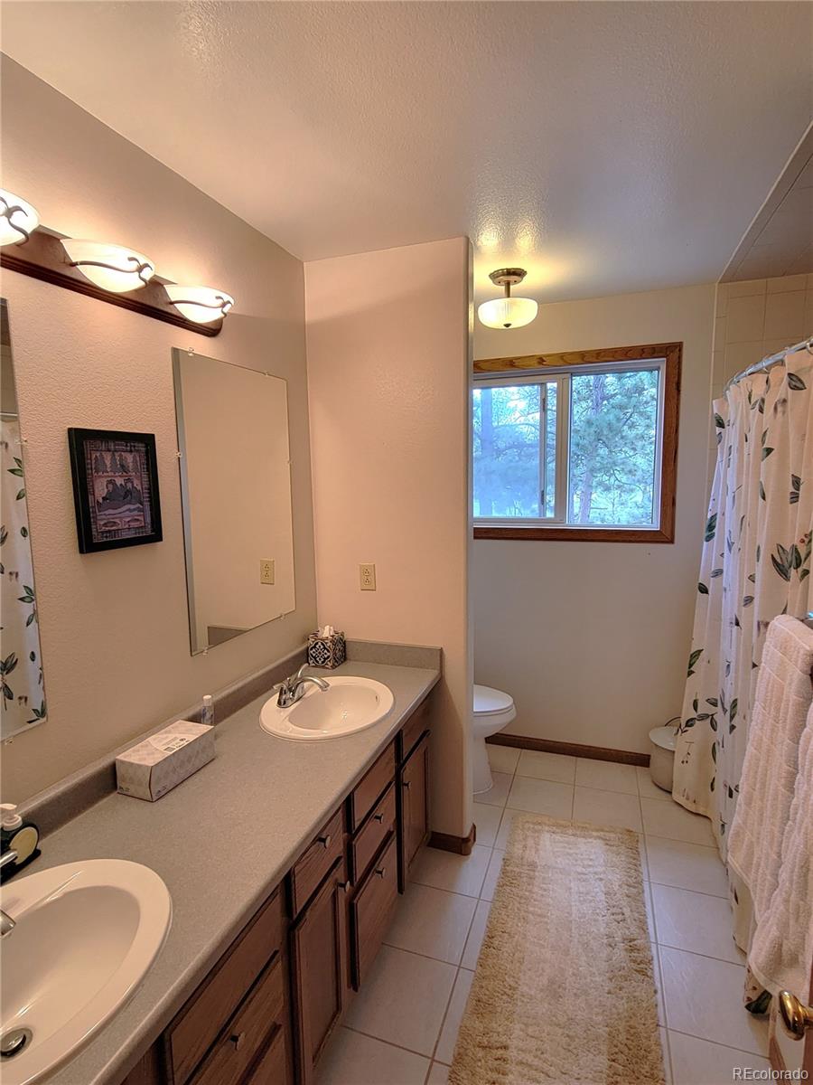 5076 Campfire Road Hartsel, CO 80449 - Photo 19 of 35 a bathroom with a granite countertop sink a toilet a mirror and shower