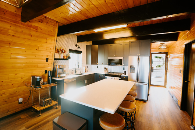 1413 Basel Drive Midway, UT 84049 - Photo 25 of 137 Kitchen with stainless steel appliances, light wood-style flooring, wood walls, a kitchen island, and a wooden ceiling with exposed beams