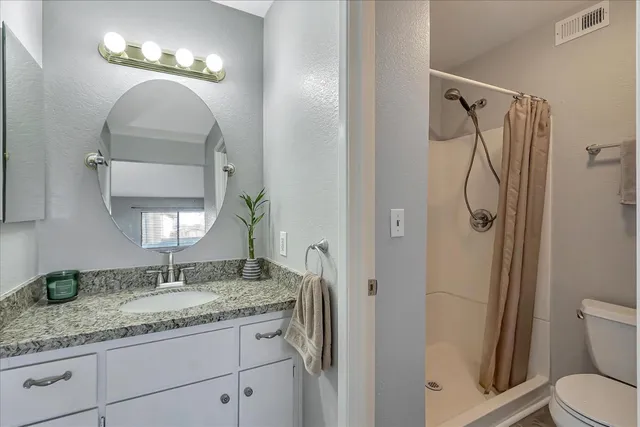 a bathroom with a granite countertop sink toilet and shower