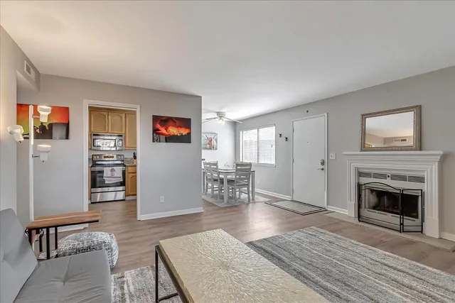 a living room with furniture and a fireplace