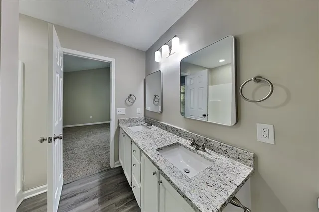 a bathroom with a granite countertop double vanity sink and a mirror