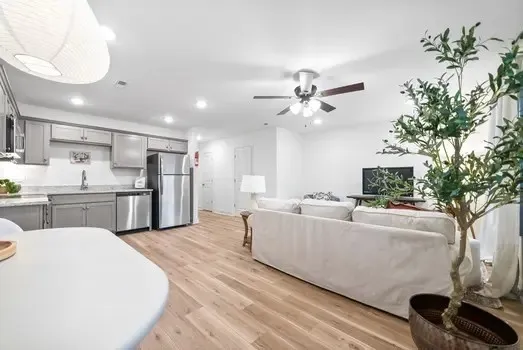a living room with furniture and a potted plant