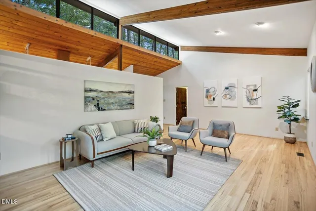 a view of a fireplace with a large window