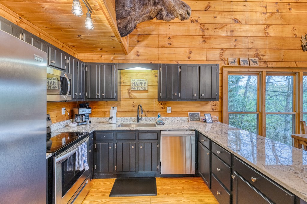 31 The Kings Court Cherry Log, GA 30522 - Photo 9 of 50 a kitchen with stainless steel appliances granite countertop a sink a stove and a wooden cabinets