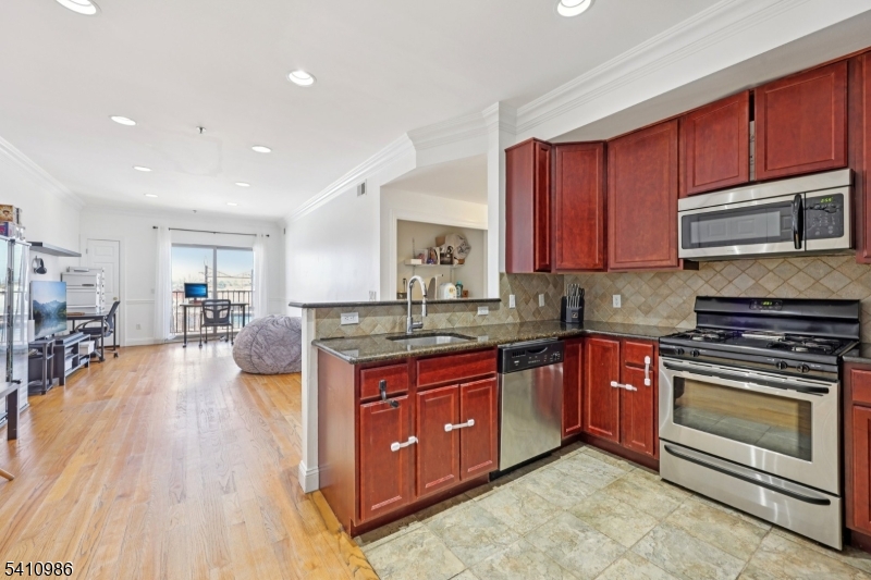 15 Tichenor Street, Unit 407 Newark, NJ 07114 - Photo 11 of 25 a kitchen with stainless steel appliances granite countertop wooden cabinets a stove a sink and a wooden floors