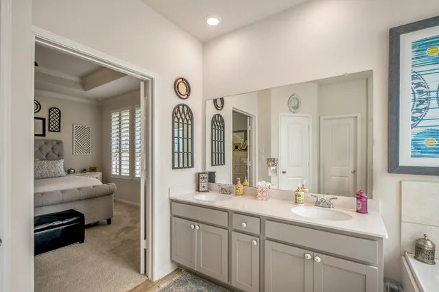 a bathroom with double vanity sink a mirror and a shower