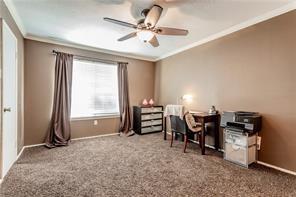 5626 Preston Oaks Road, Unit 39C Dallas, TX 75254 - Photo 34 of 38 Home office with crown molding, carpet floors, and a ceiling fan