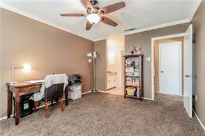 5626 Preston Oaks Road, Unit 39C Dallas, TX 75254 - Photo 35 of 38 Home office featuring a ceiling fan, ornamental molding, and carpet floors