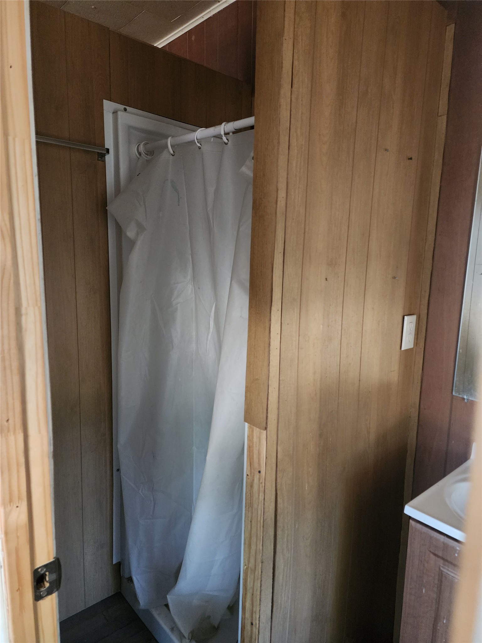18327 Blake Manor Road, Unit A Manor, TX 78653 - Photo 6 of 21 Full bath featuring vanity, a shower with curtain, and wooden walls