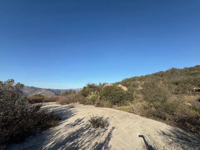 a view of a dry yard with mountains in the background