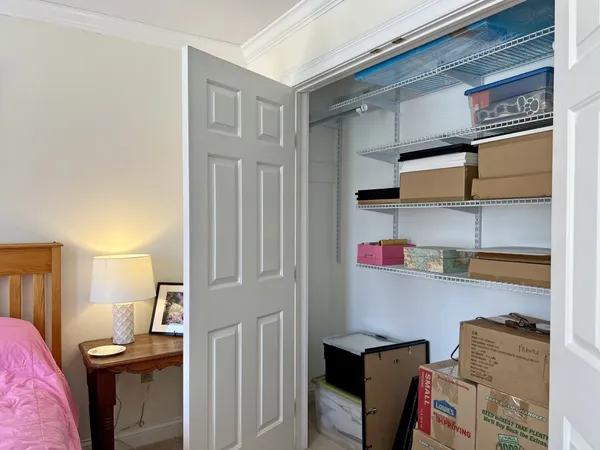 a view of a storage room with racks