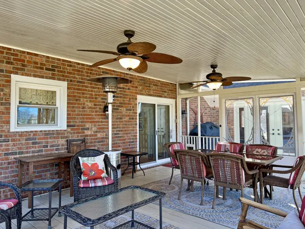 a view of a park with large trees