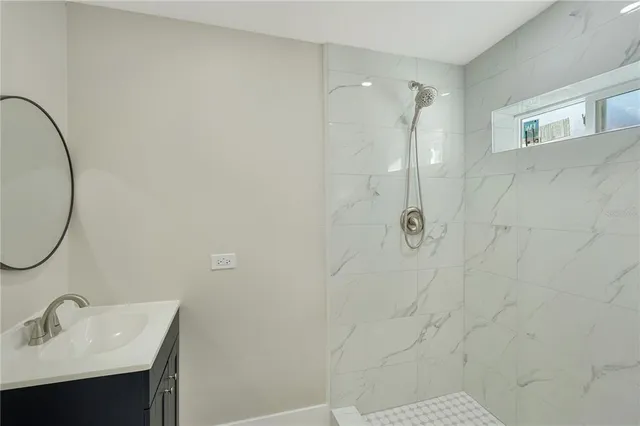 a bathroom with a sink mirror and shower