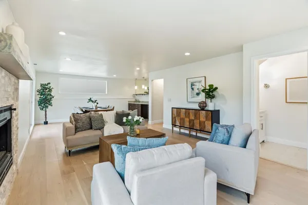 a living room with furniture and a potted plant