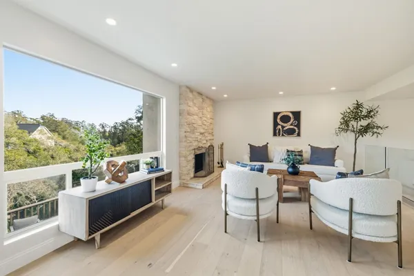 a view of a dining room with furniture
