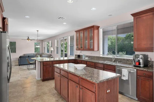 a view of a dining room with furniture