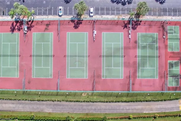 an aerial view of a swimming pool