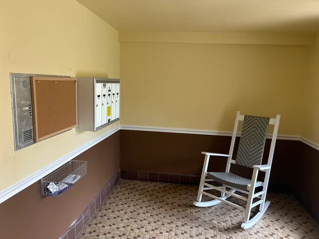 a room with a chair and potted plant