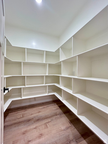 6 South 450th West Gunnison, UT 84634 - Photo 24 of 45 Walk-in pantry featuring extensive built-in shelving, wood-finish flooring, and recessed ceiling lighting