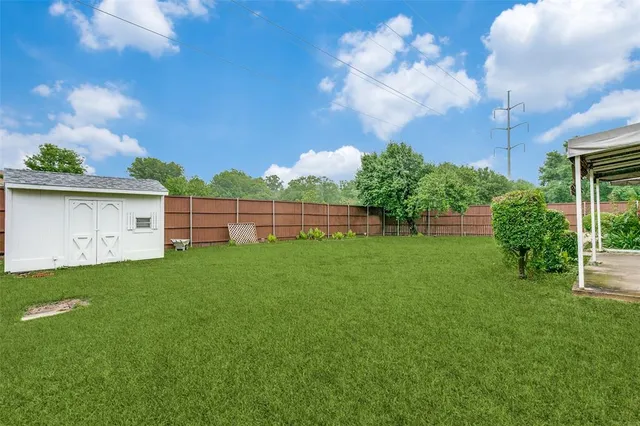 a view of a backyard with grass and a large tree