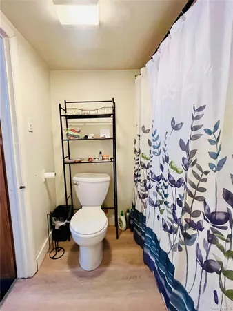 a bathroom with a toilet and a shower curtain