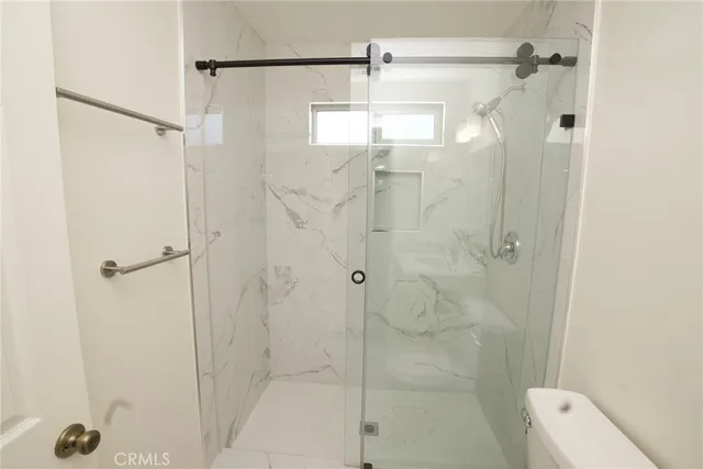a bathroom with a shower and a toilet